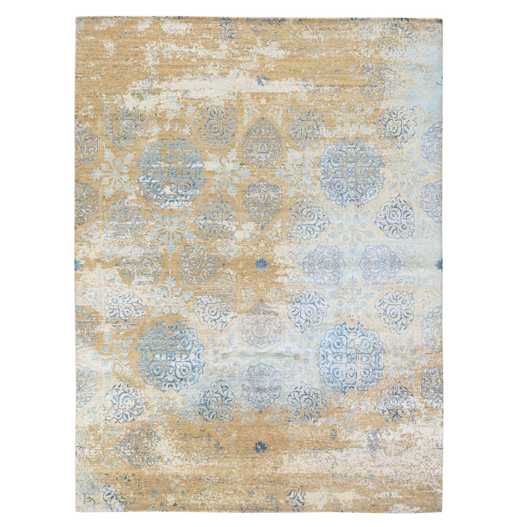 Light Blue, Snowflake Design, Silk with Textured Wool, Hand Knotted, Denser Weave, Oriental Rug